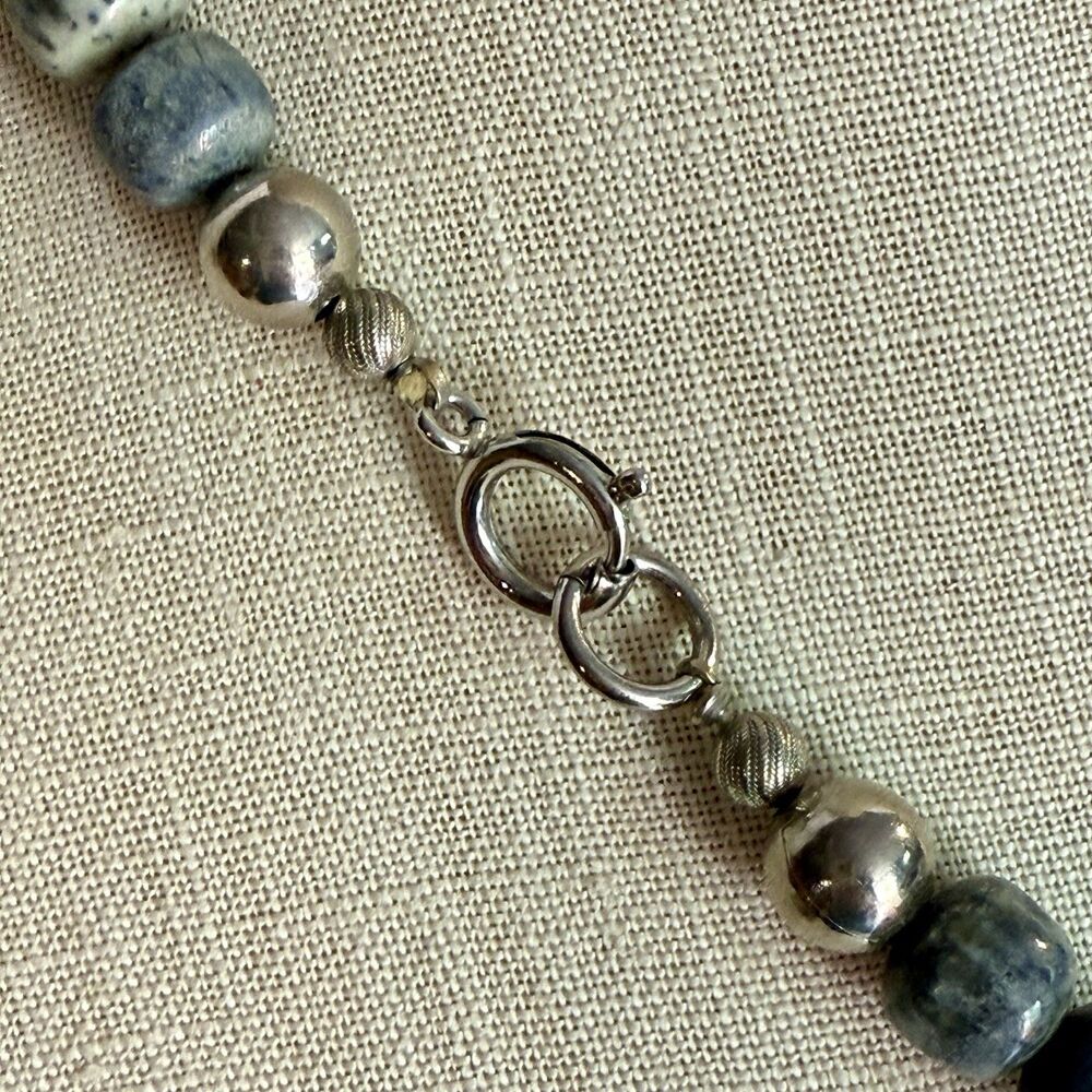 Handcrafted Chunky Ceramic Beaded Necklace – Blue & Cream Statement Jewelry - Picture 6 of 14